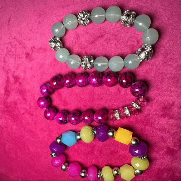 Handmade Beaded Bracelet Set of 3 Blue and Purple Stretch 0776 P - Picture 4 of 5